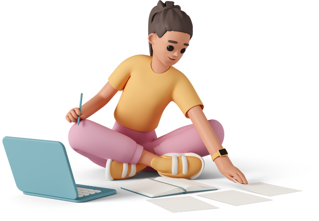 casual-life-3d-girl-sitting-on-floor-with-laptop-and-studying